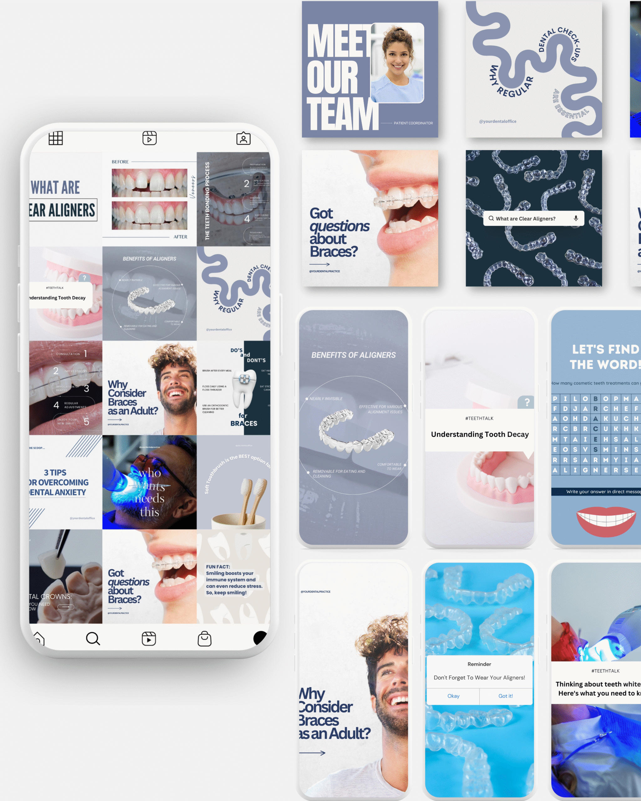 Full Instagram bundle for cosmetic dentists and orthodontists with post, story, and reel templates.