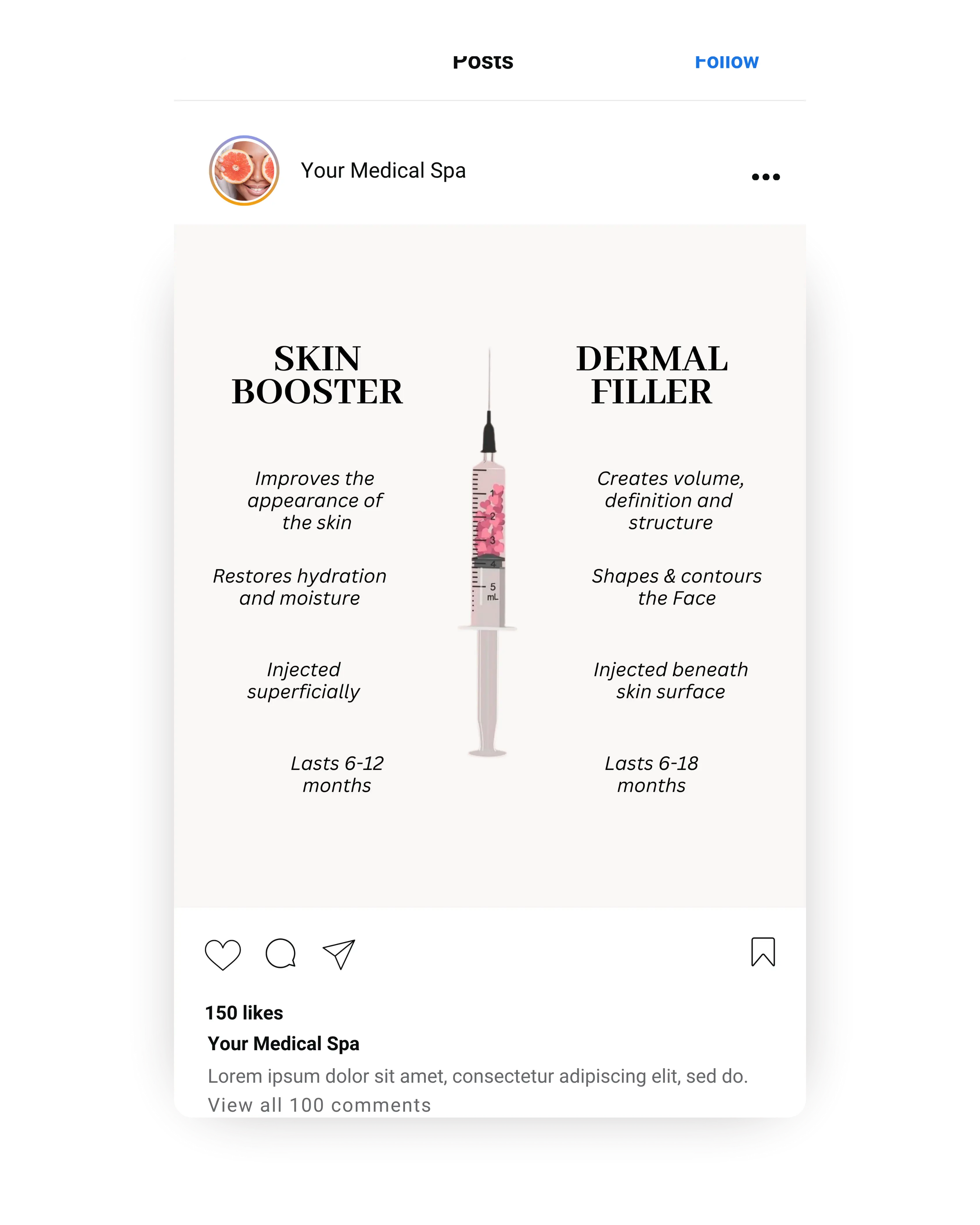 Side-by-side comparison of skin booster and dermal filler benefits and longevity in a med spa educational graphic.