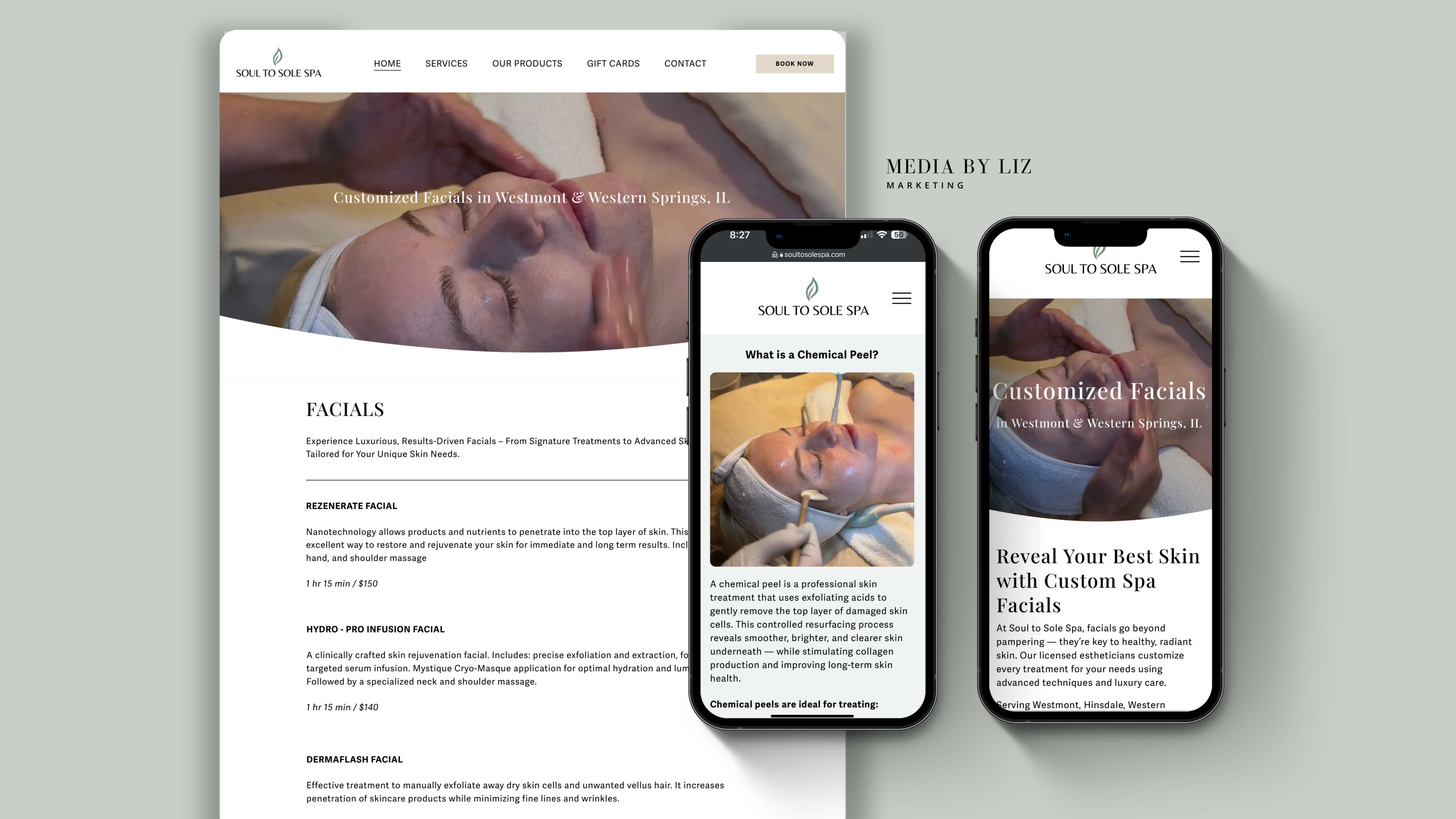 Soul to Sole Spa website homepage and mobile design created by Media by Liz with local SEO optimization for skincare and facials in Westmont.