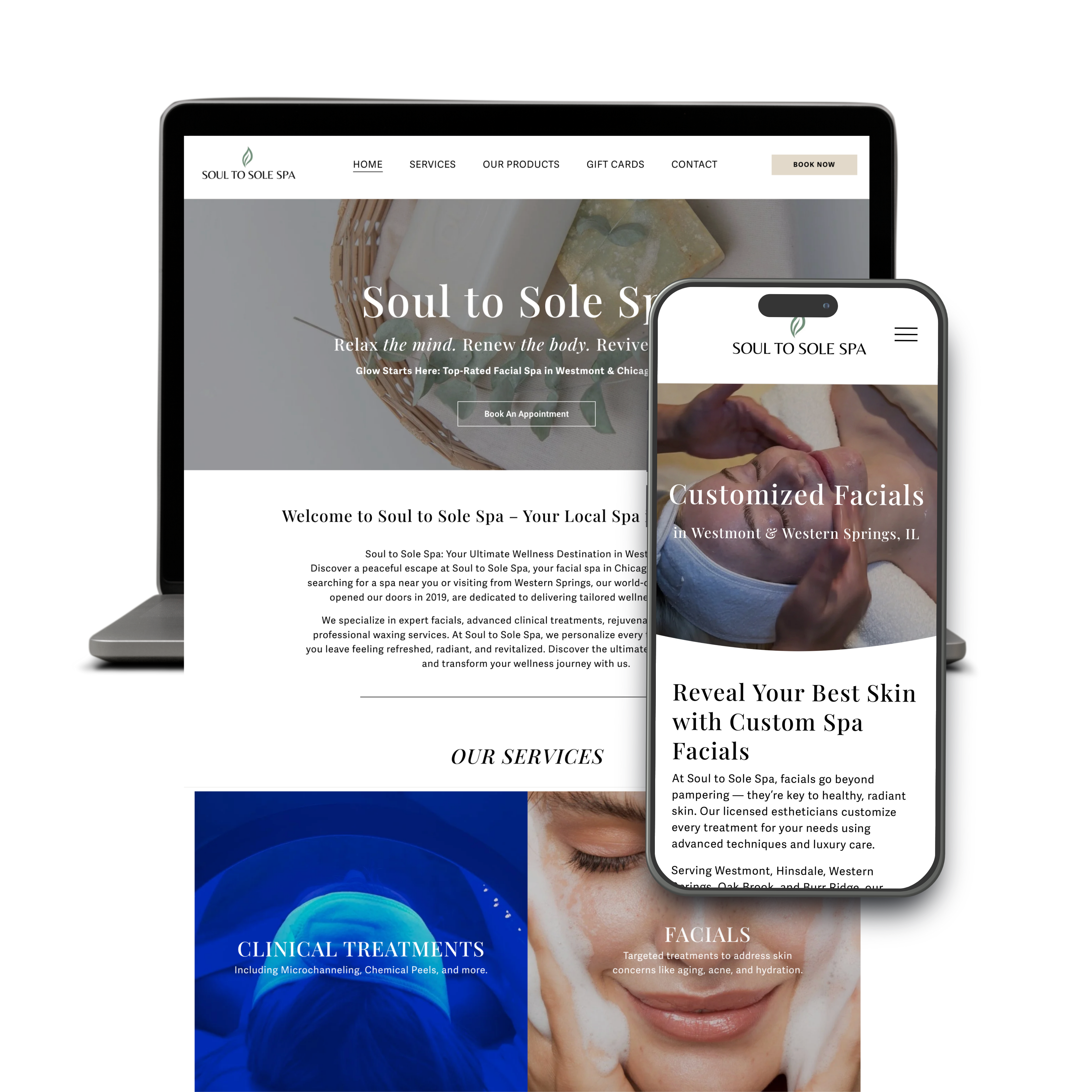 Soul to Sole Spa website homepage and mobile design created by Media by Liz with local SEO optimization for skincare and facials in Westmont.