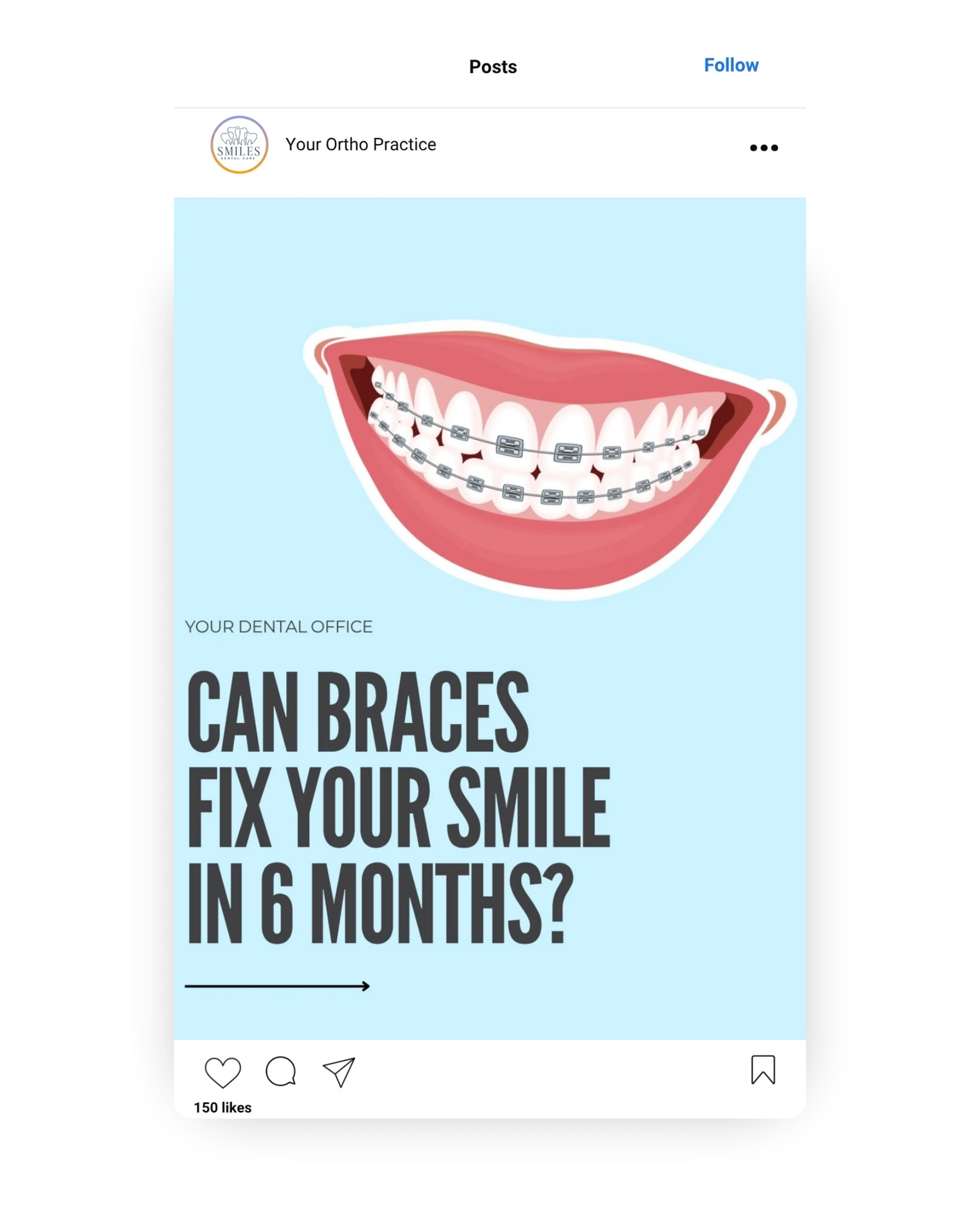 Orthodontic social media post with braces illustration and headline asking if braces can fix your smile in six months, educational content for orthodontic marketing and patient guidance