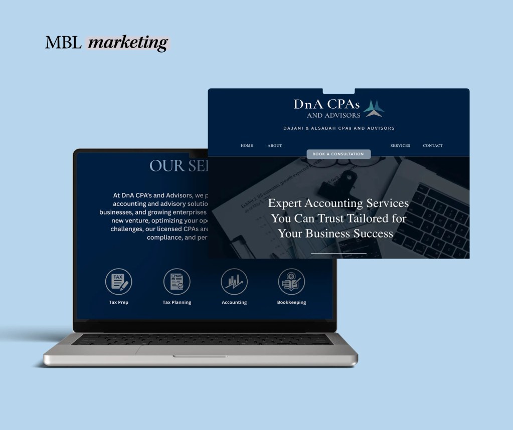 Website design and SEO project for DnA CPAs and Advisors showcasing a professional accounting firm homepage