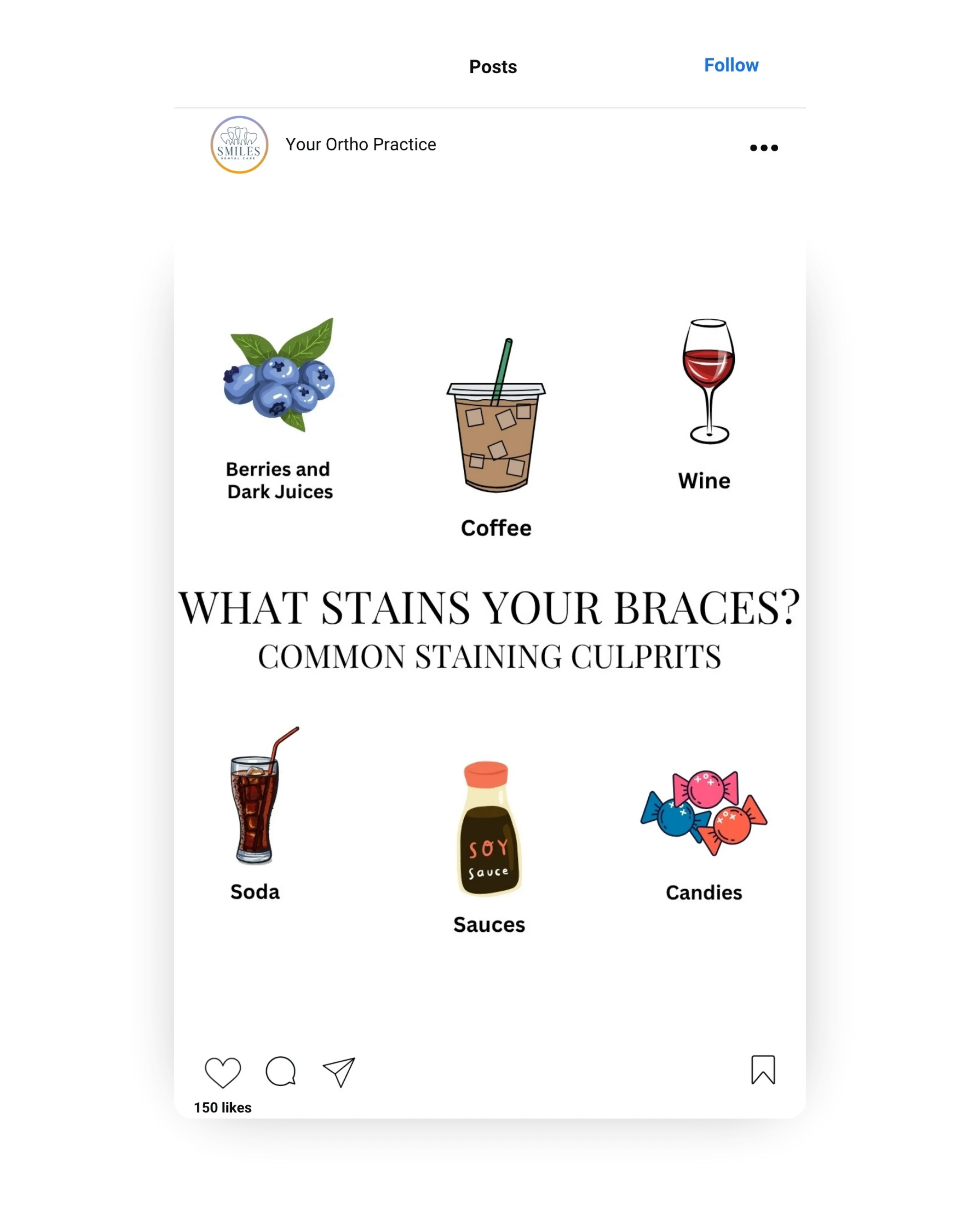 Educational orthodontic template listing foods and drinks that stain braces including berries coffee wine soda sauces and candies, designed for orthodontist social media marketing