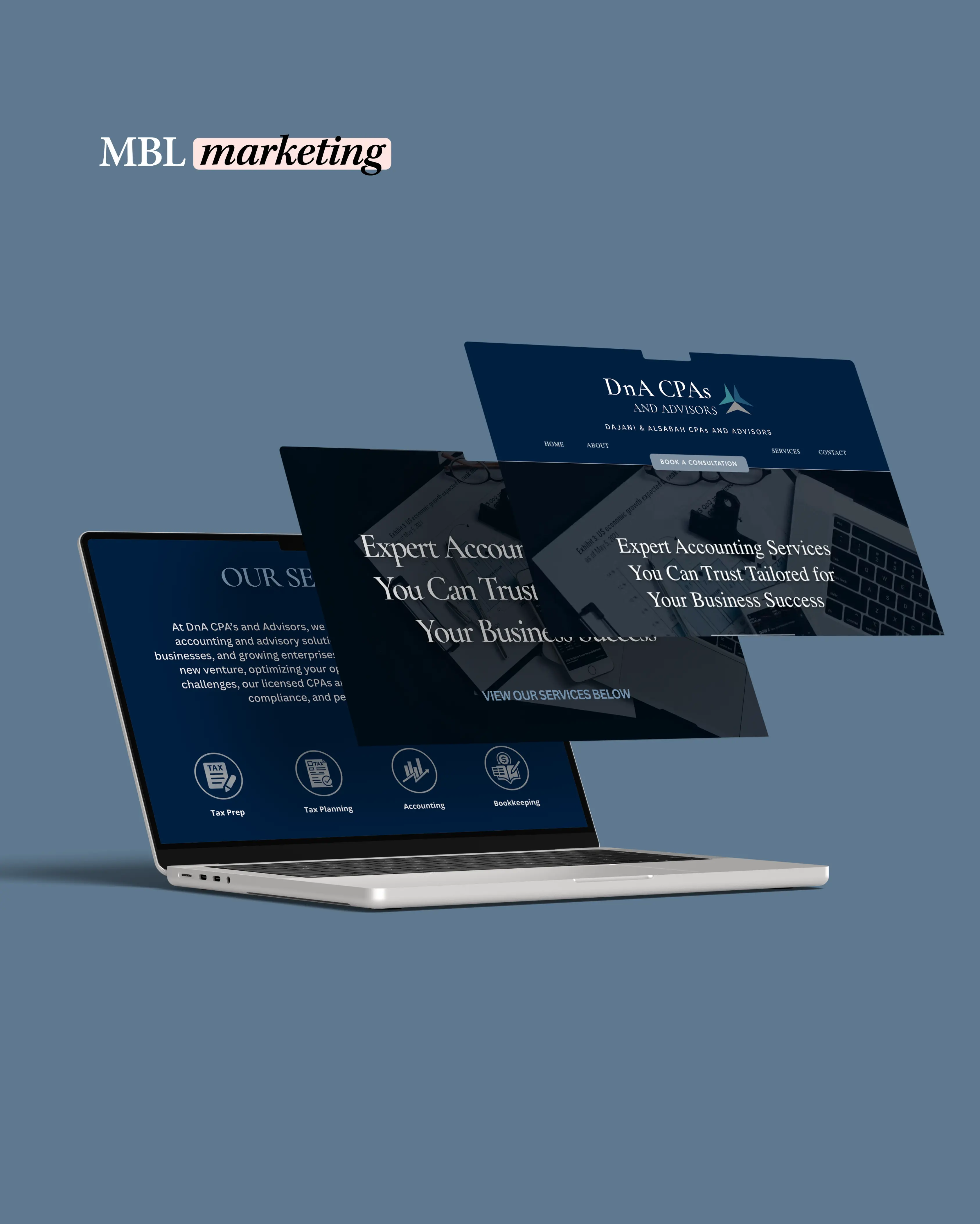 MBL Marketing website design portfolio showcasing a modern CPA and accounting firm website for DnA CPAs and Advisors, featuring professional UX, conversion-focused layout, and brand-driven web design.