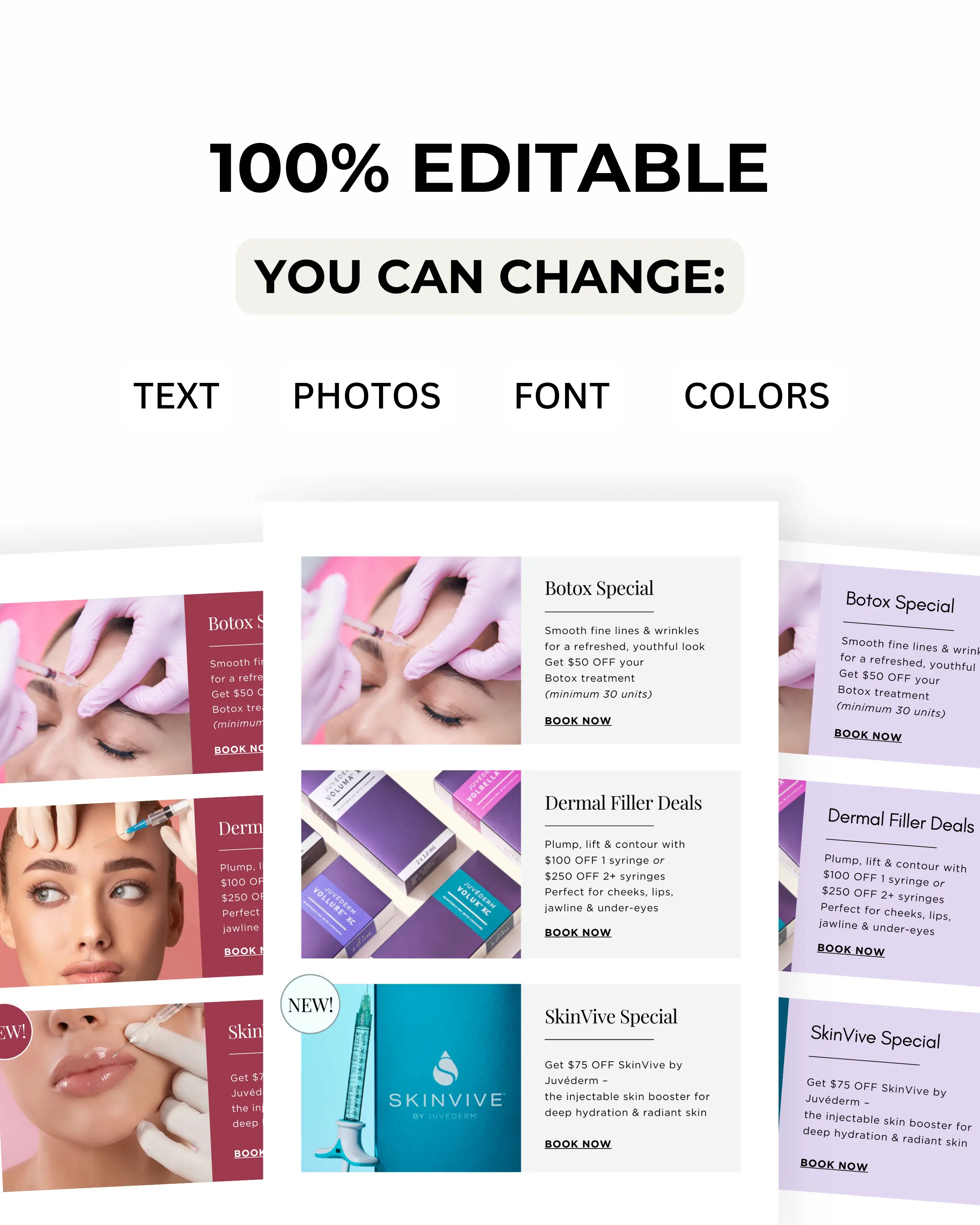 editable Canva email template features showing botox specials, dermal filler deals, and skinvive promotions for med spa marketing by MBL Marketing