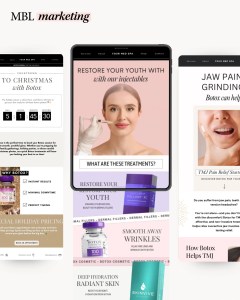 preview of med spa email templates including botox countdown promotion, dermal filler education, and TMJ botox relief email designs by MBL Marketing
