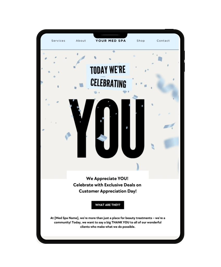 Med spa customer appreciation email template displayed on a tablet featuring celebration graphics and promotional messaging.