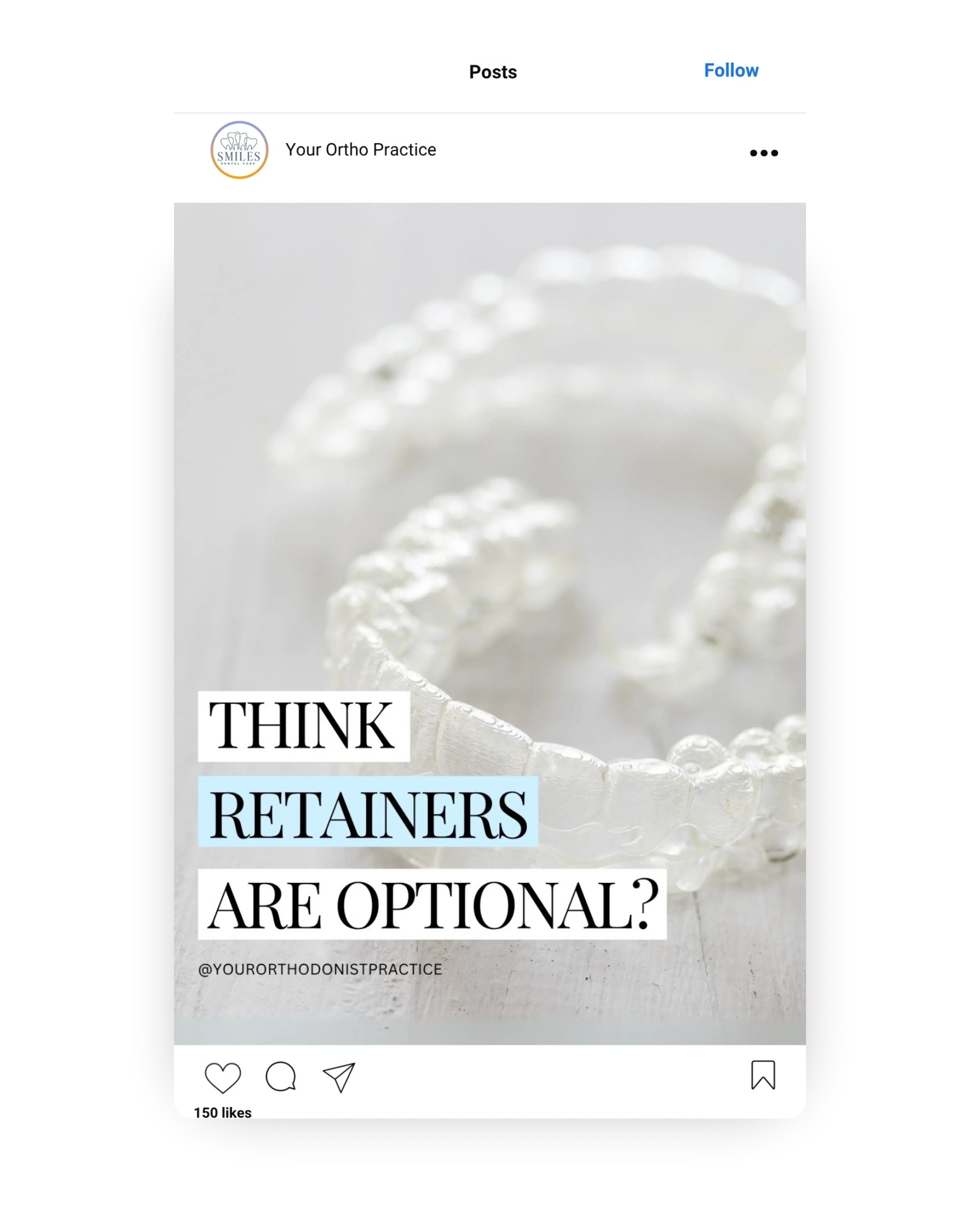 Clear aligner and retainer reminder template with headline think retainers are optional, orthodontic social media post for patient retention and dental marketing