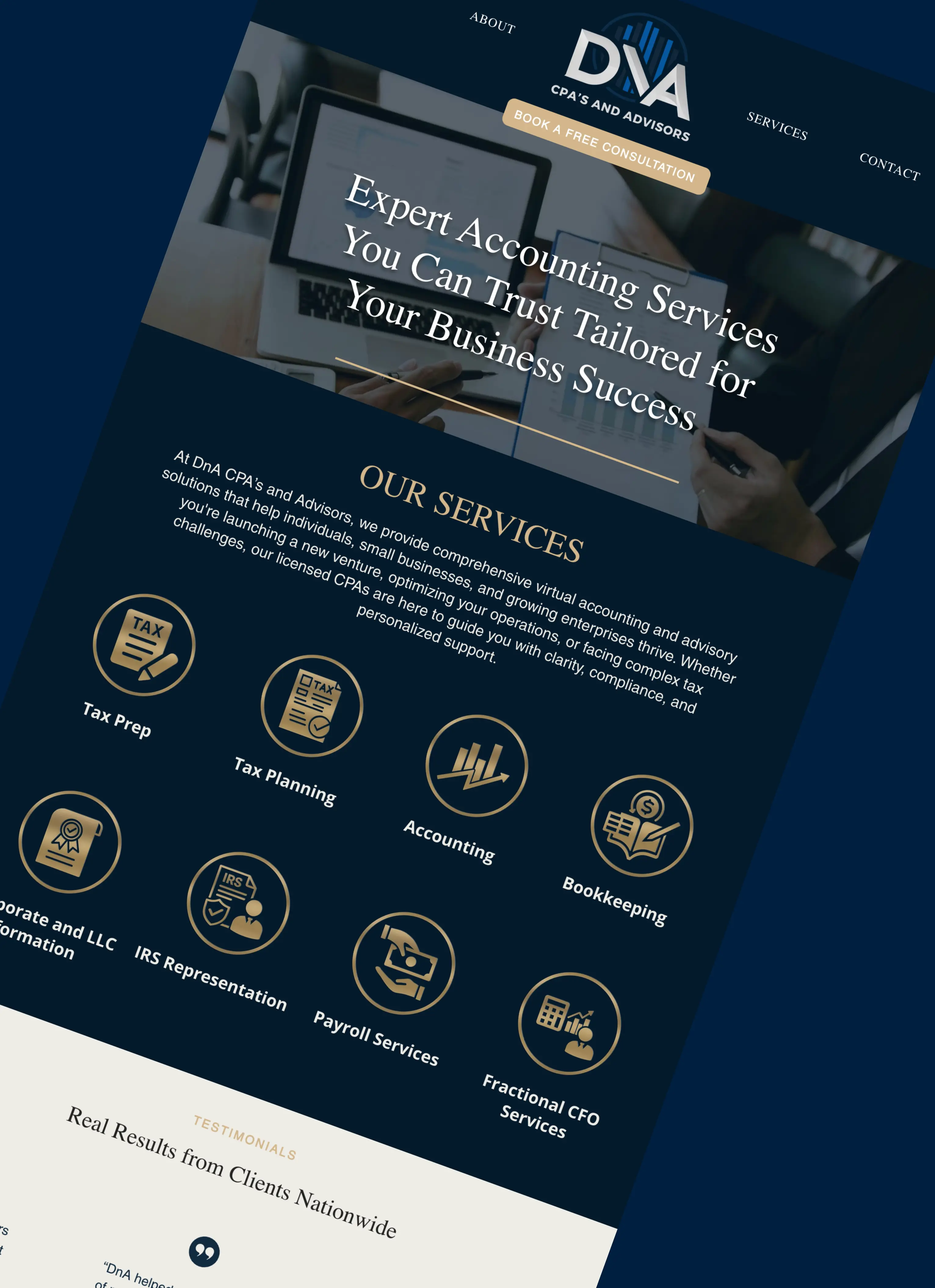 Full homepage design for DnA CPAs and Advisors showcasing accounting services, tax planning, bookkeeping, and fractional CFO services in a modern responsive website layout.