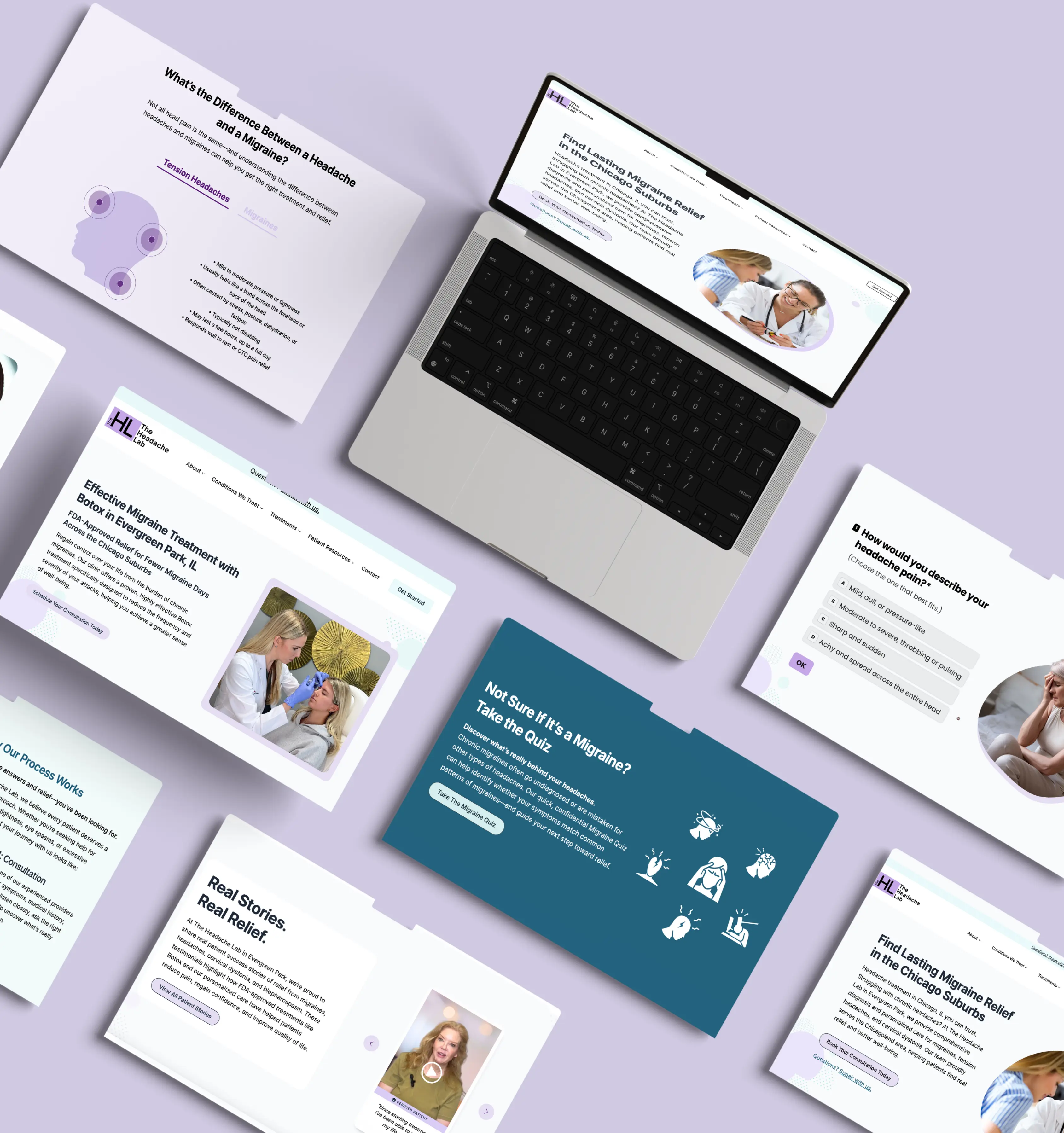 Medical website design layout for The Headache Lab highlighting patient education pages, treatment information, and conversion-focused user experience.