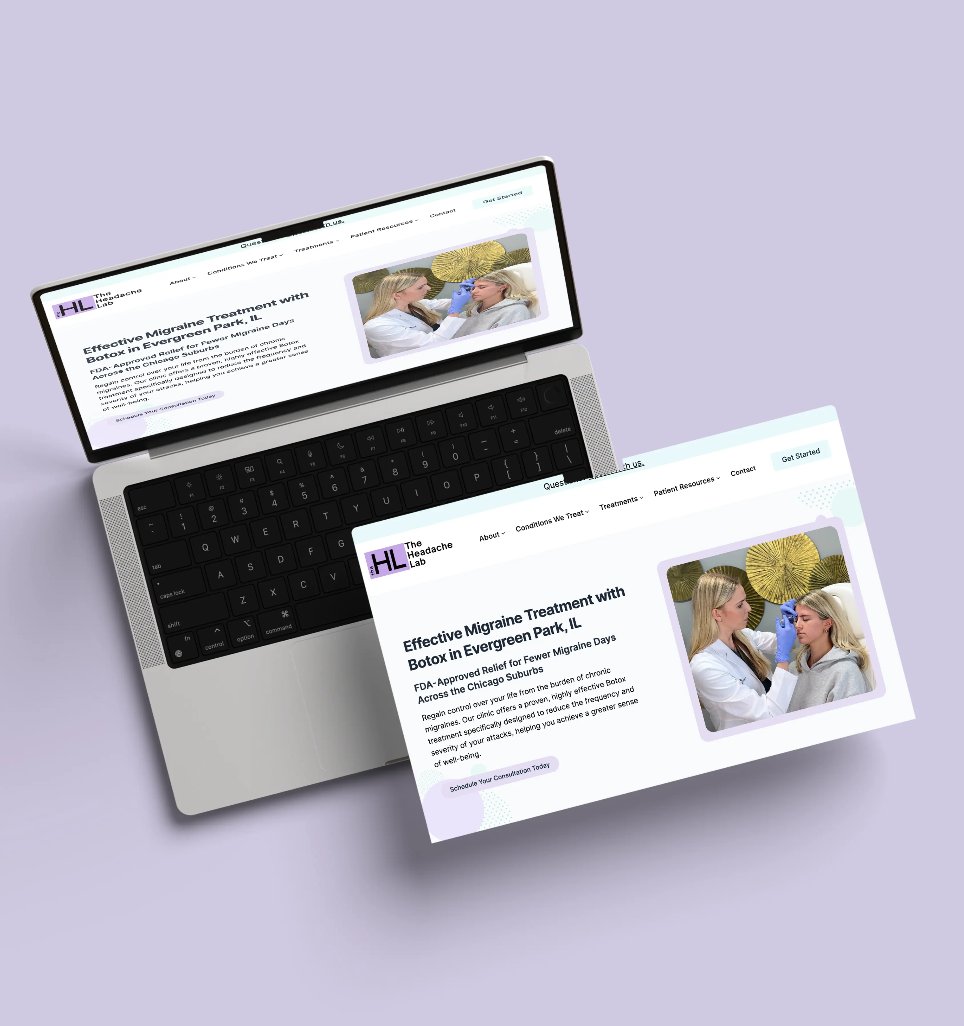 Laptop mockup displaying The Headache Lab homepage designed for patient trust, clarity, and chronic migraine education.