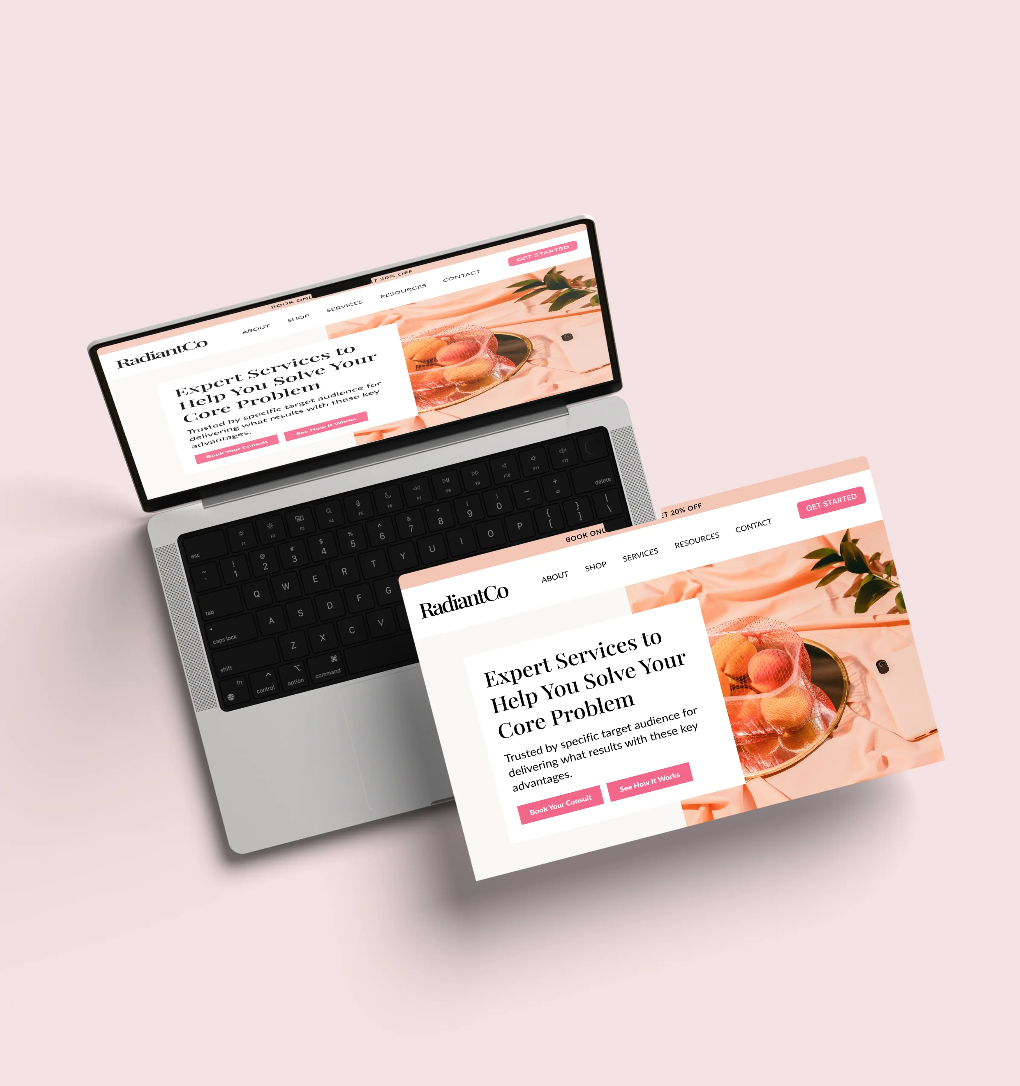 RadiantCo website design mockup showcasing a modern service-based business homepage on desktop and laptop screens.
