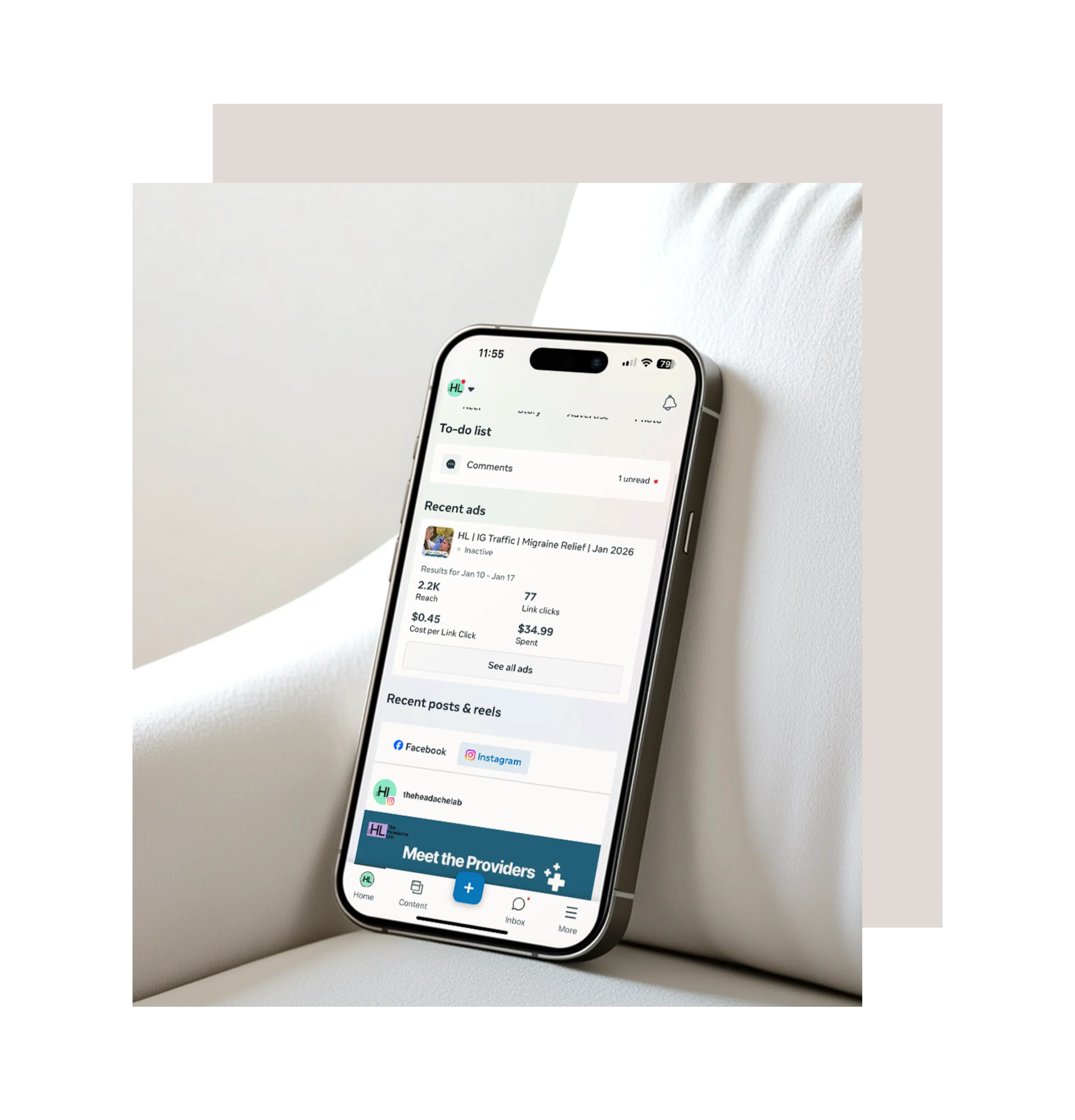 Social media advertising dashboard showing Instagram and Facebook campaign performance, analytics metrics, and paid ad management for a service-based business.