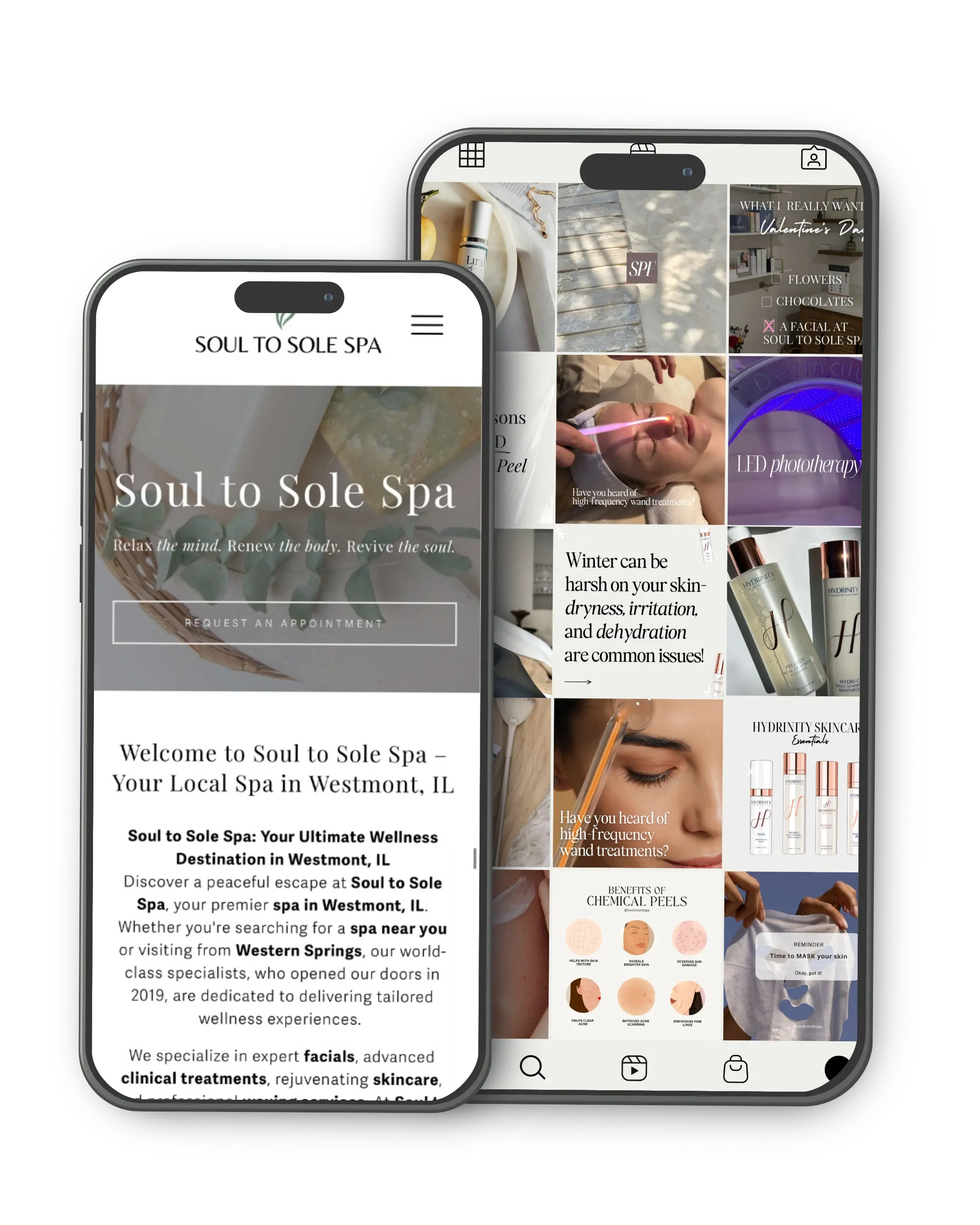 Spa website design and Instagram content creation for Soul to Sole Spa featuring facials, skincare treatments, and local SEO optimization.