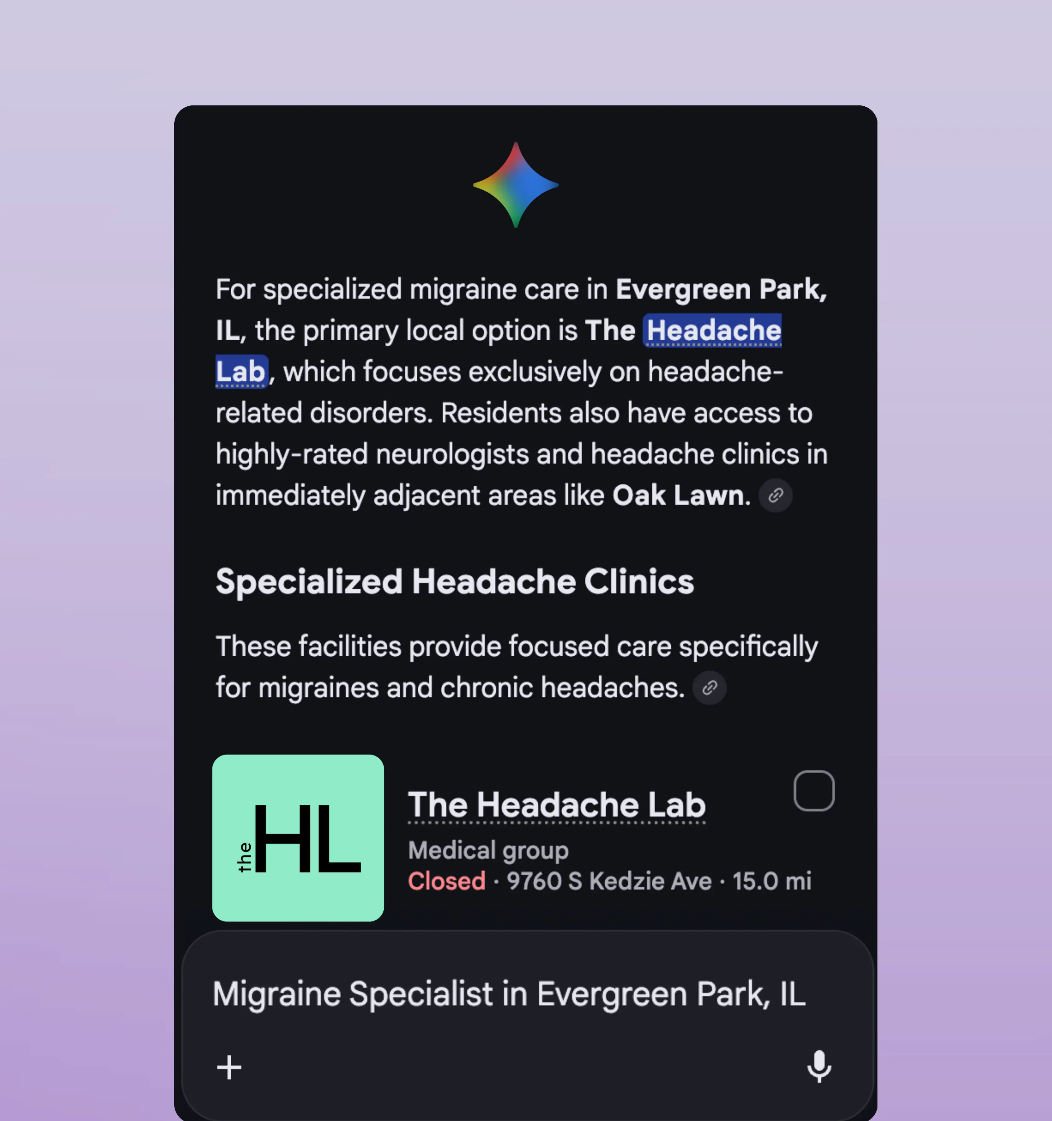 The Headache Lab featured in AI search results for migraine specialist in Evergreen Park, IL, showcasing medical website visibility and local healthcare SEO strategy.